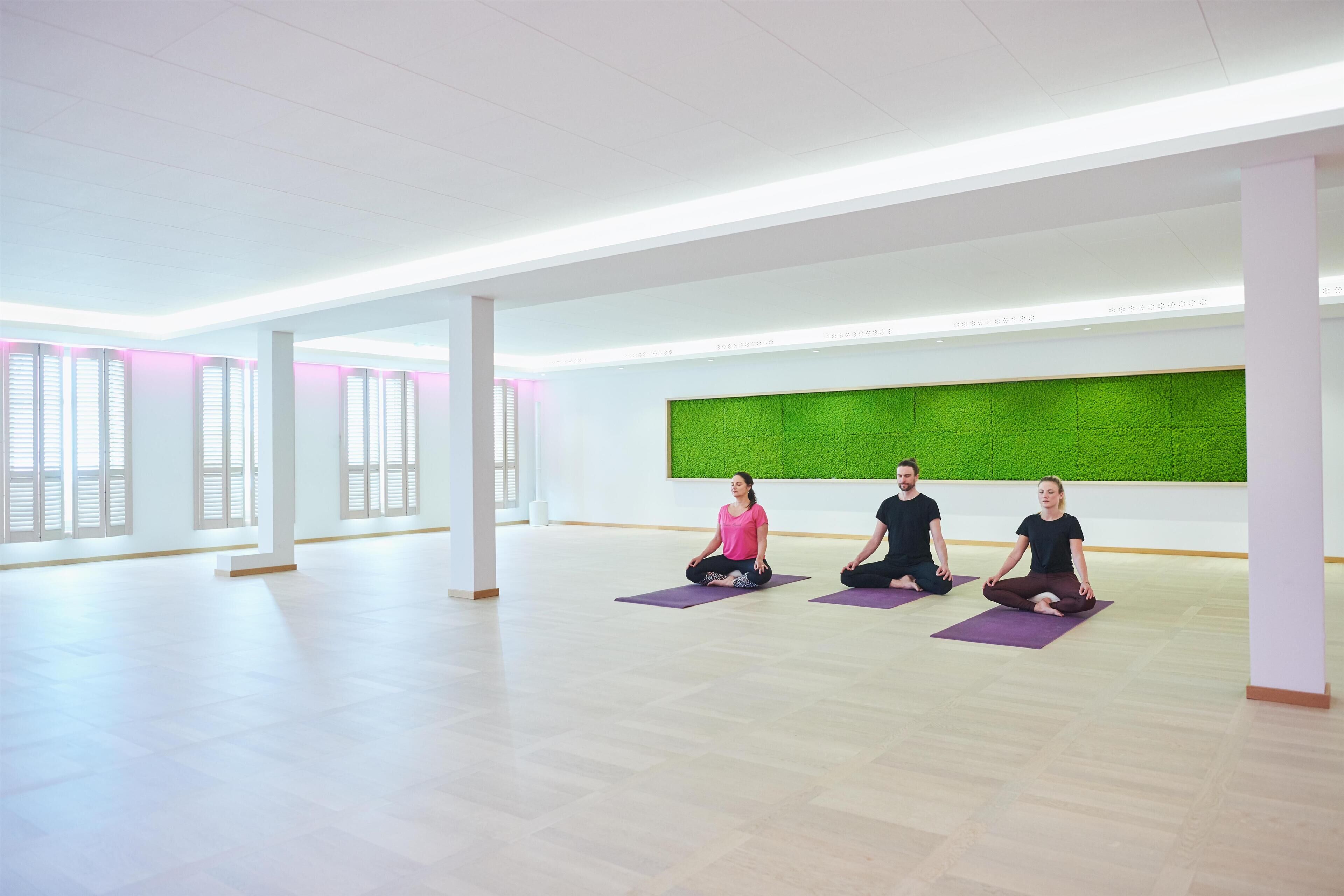 A spacious room with large windows, a green wall, and a white ceiling.