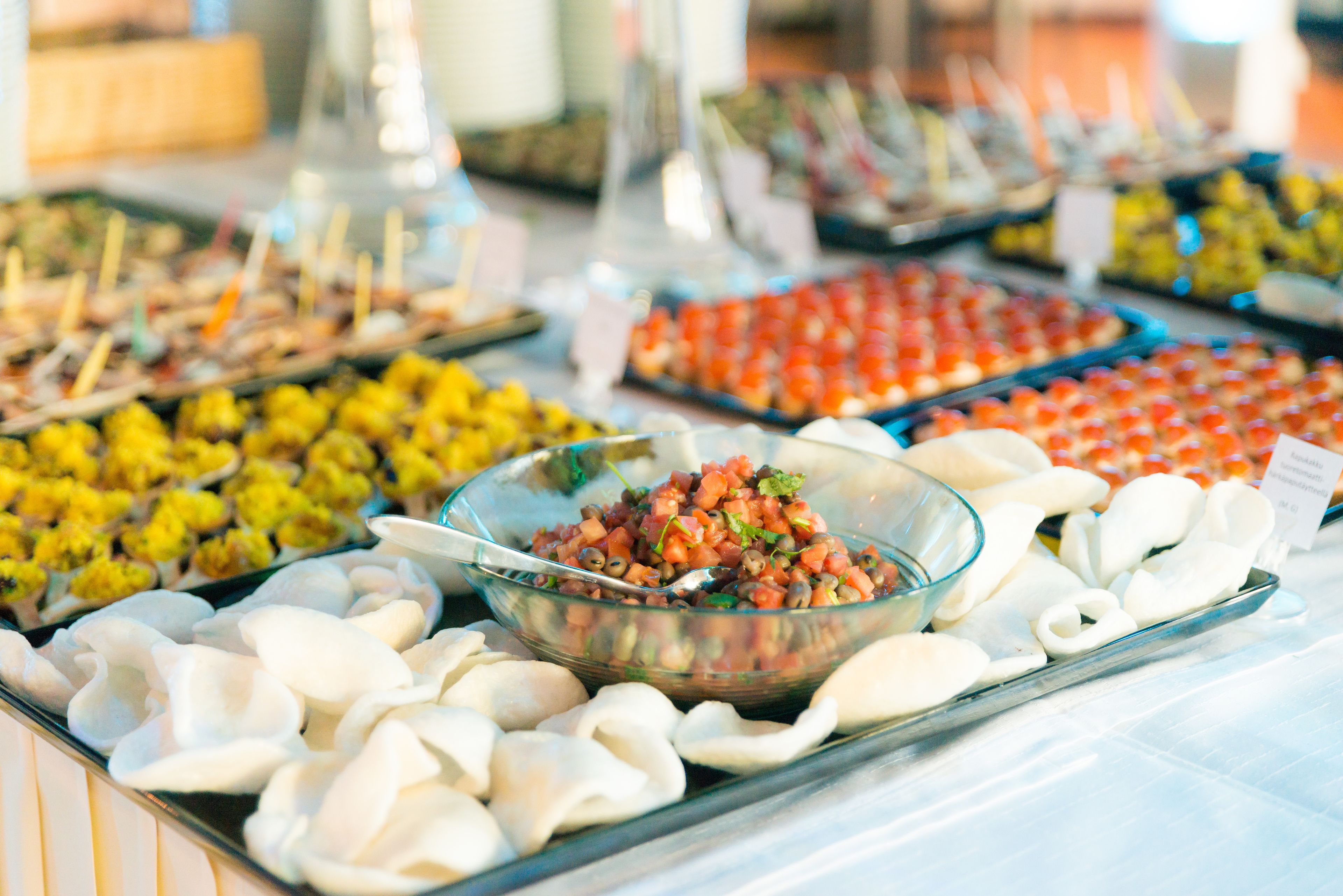 En buffet med forskellige retter, heriblandt en skål salsa og fade med snacks.