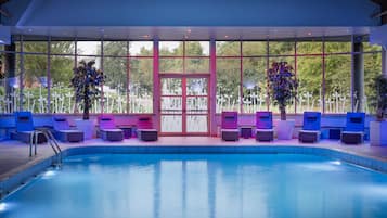 Indoor pool, open 7:00 AM to 8:00 PM, pool loungers