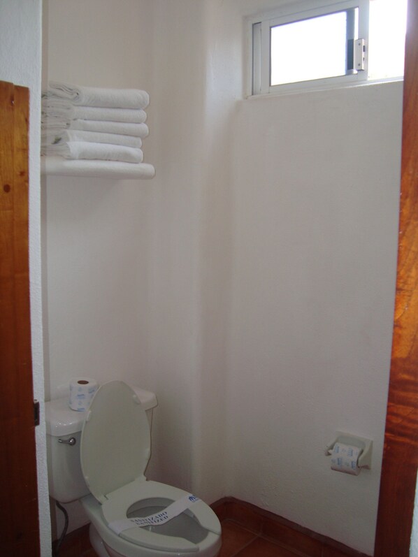 A small bathroom with a toilet, a towel rack with folded towels, a toilet paper holder, and a window.