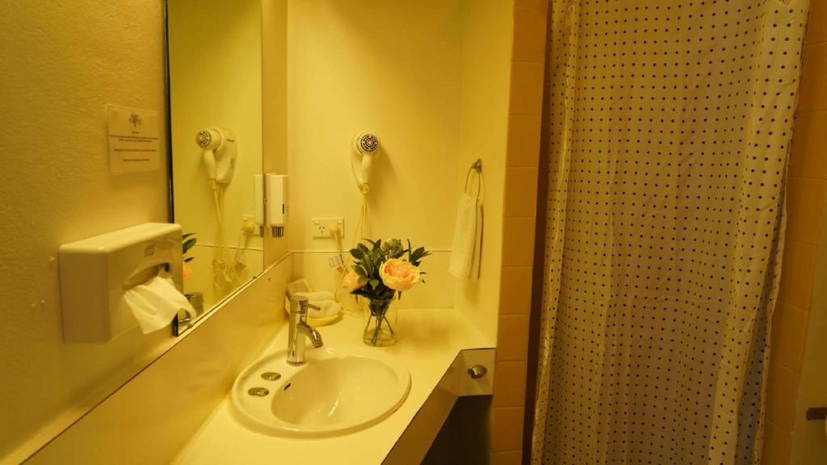 A bathroom with a sink, mirror, towel dispenser, and a shower curtain.