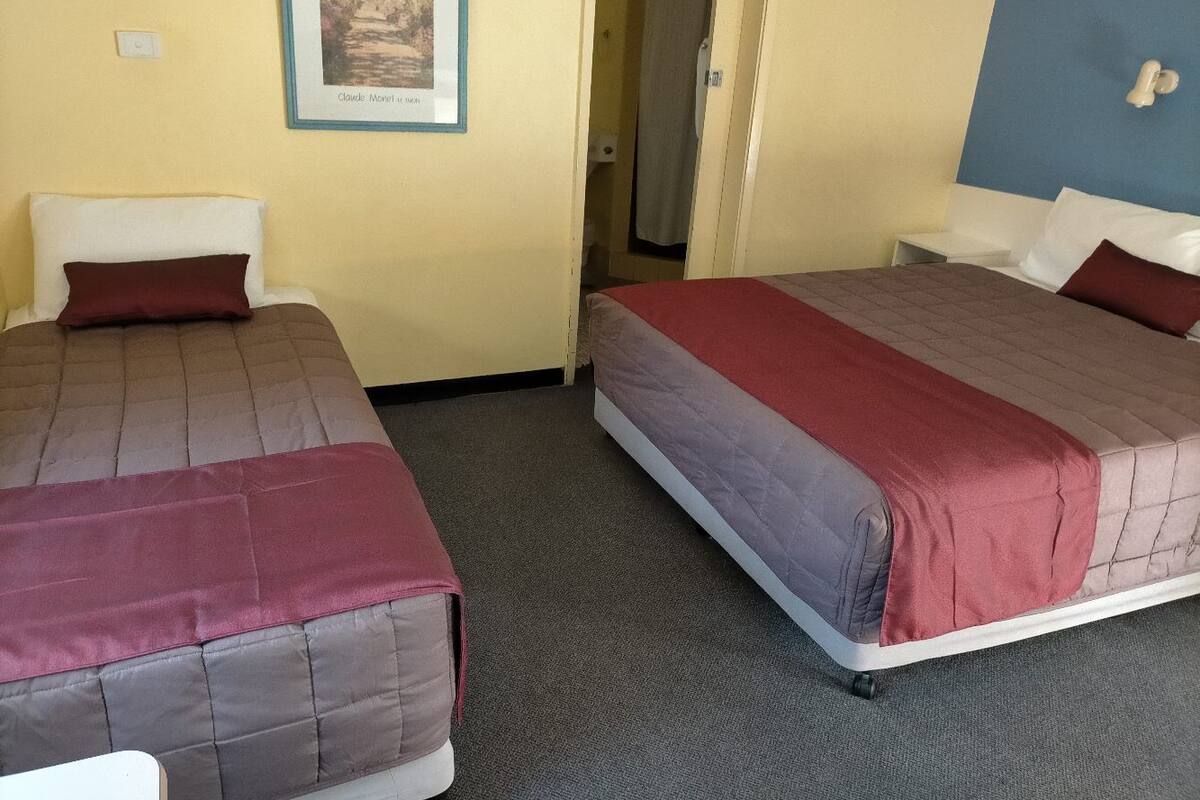 A hotel room with two beds, each with a red and grey bedspread, and a framed picture on the wall.
