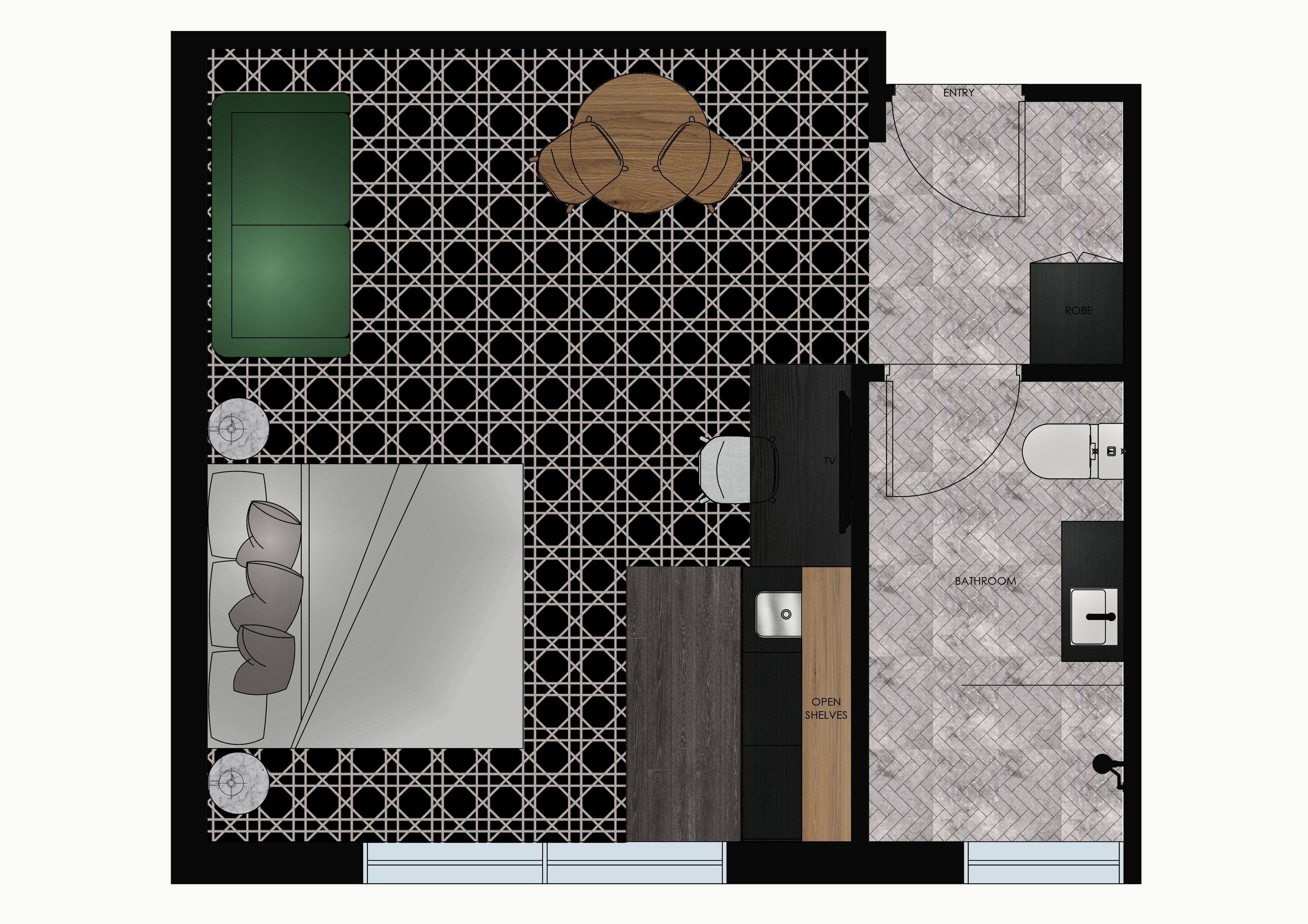 king suite with kitchenette | floor plan