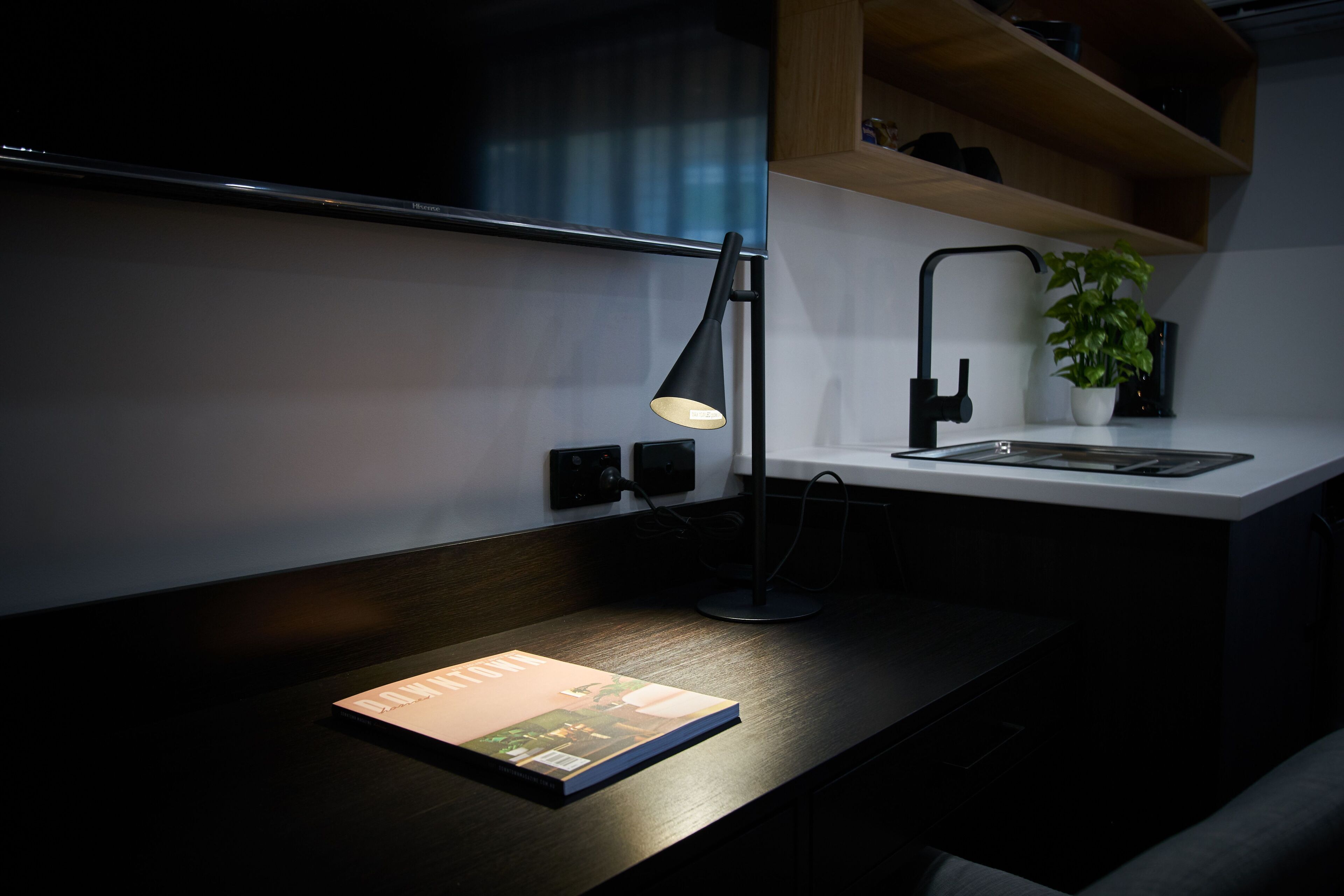 king suite with kitchenette | desk, laptop workspace, blackout curtains, soundproofing