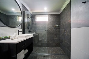 Dusche, Haartrockner, Handtücher, Seife