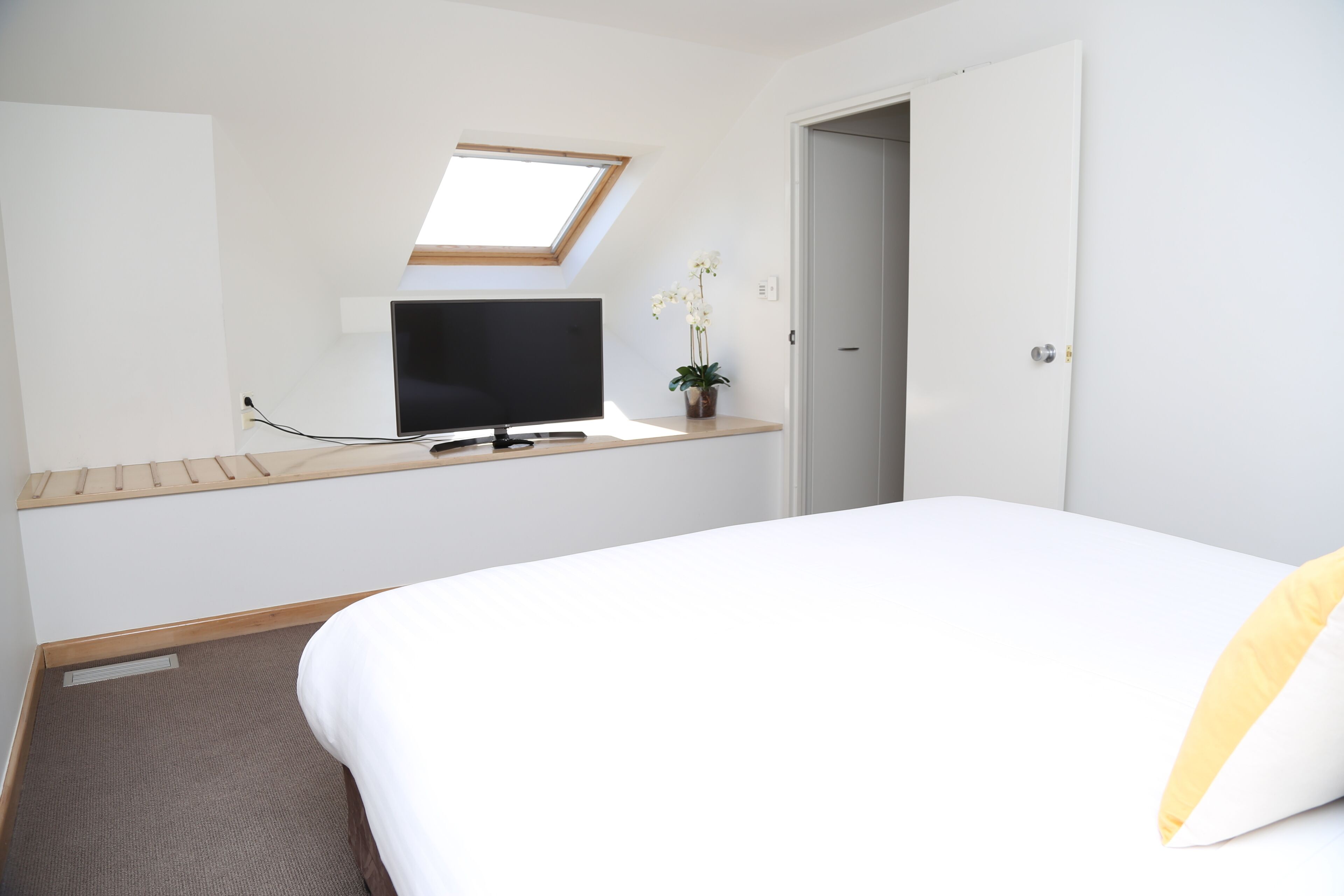 A bedroom with a bed, a television on a stand, a skylight, and a door.