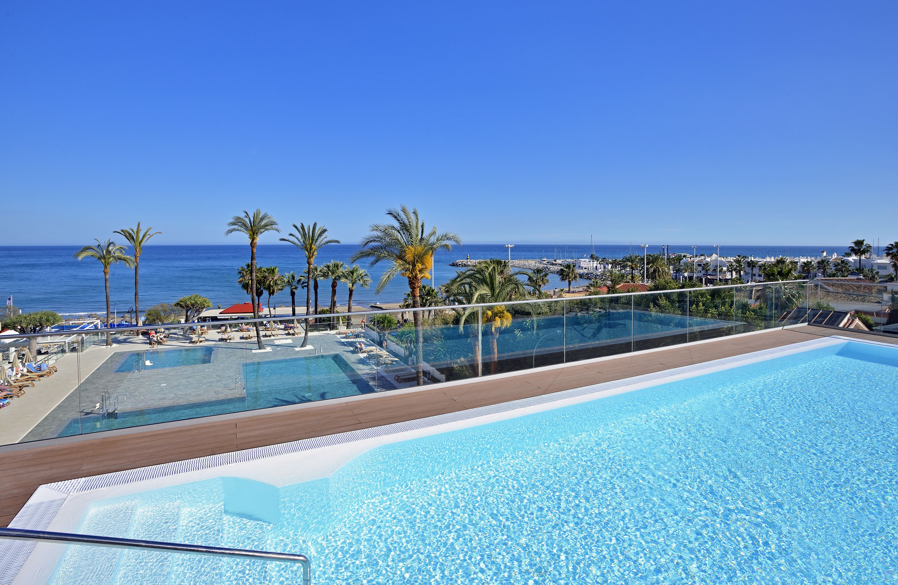 A pool area with clear blue water, palm trees, and a view of the sea.