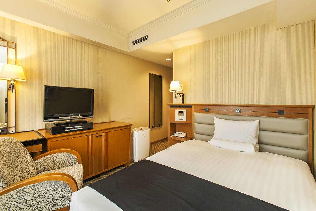 Une chambre d’hôtel comprenant un lit, une télévision, un bureau, une chaise et une salle de bain.