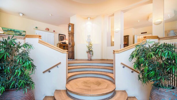 A staircase with wooden steps and handrails, flanked by large potted plants. - Best Western Hotel Geheimer Rat (Magdeburg)