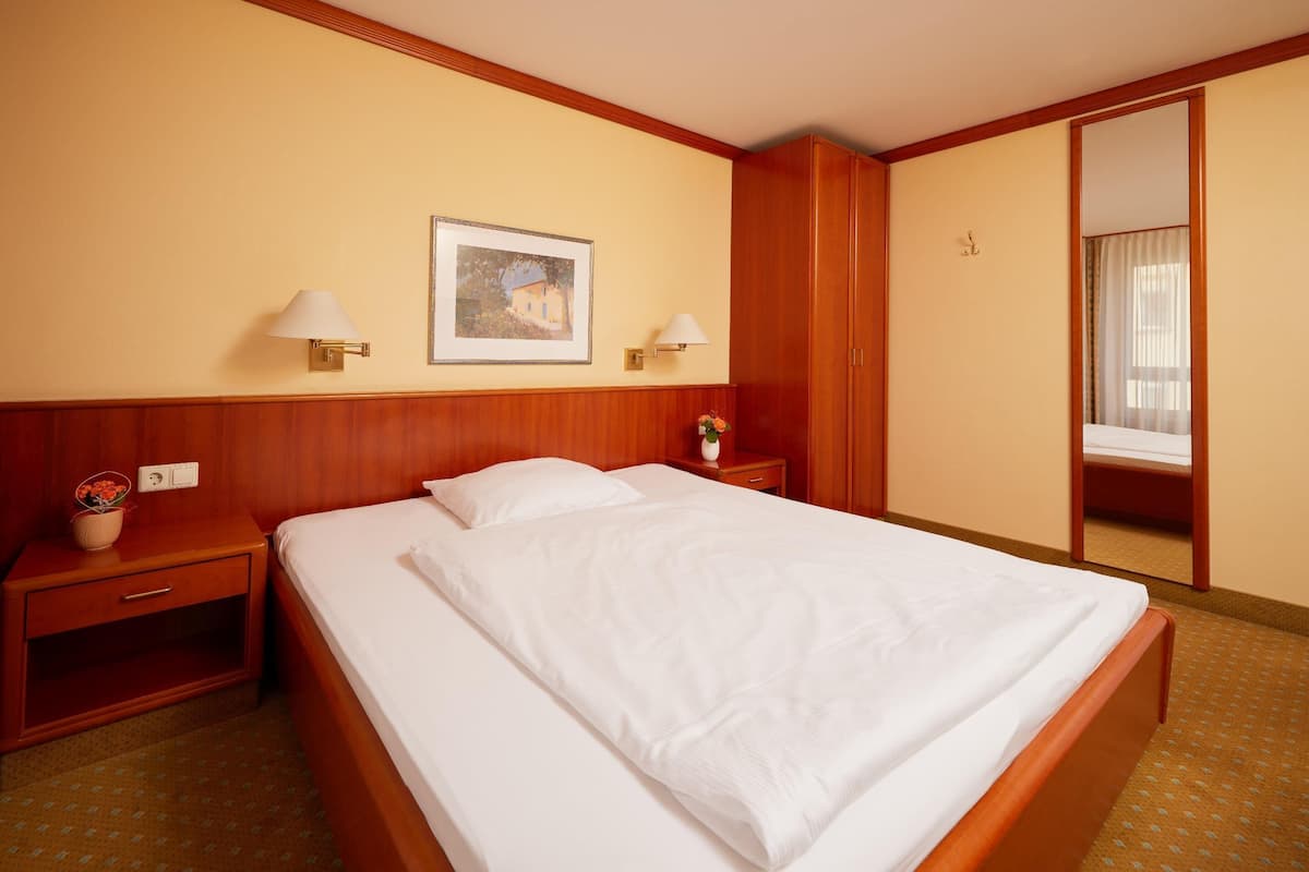 A hotel room with a large bed, wooden headboard, two bedside tables with lamps, a framed picture on the wall, and a mirror on the door.