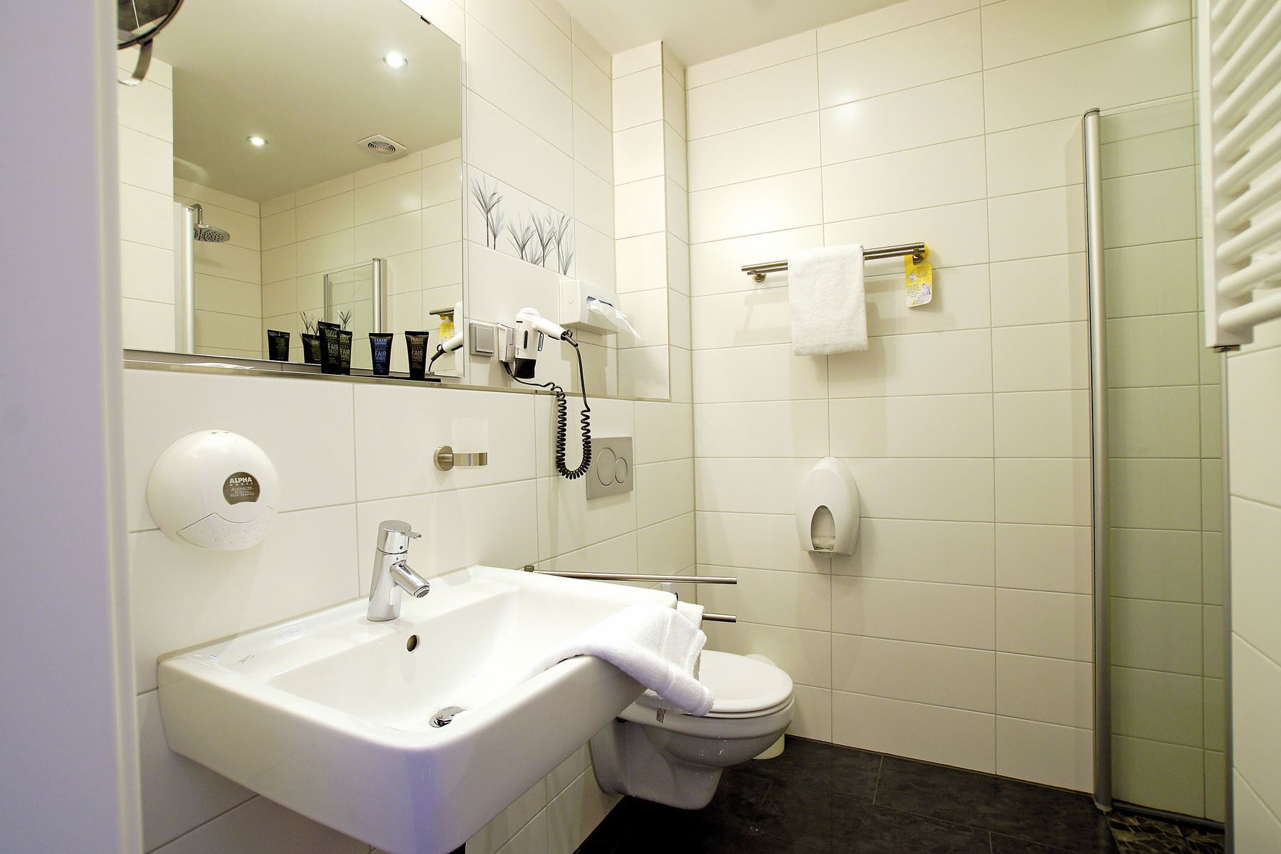 hair dryer, towels, soap, shampoo