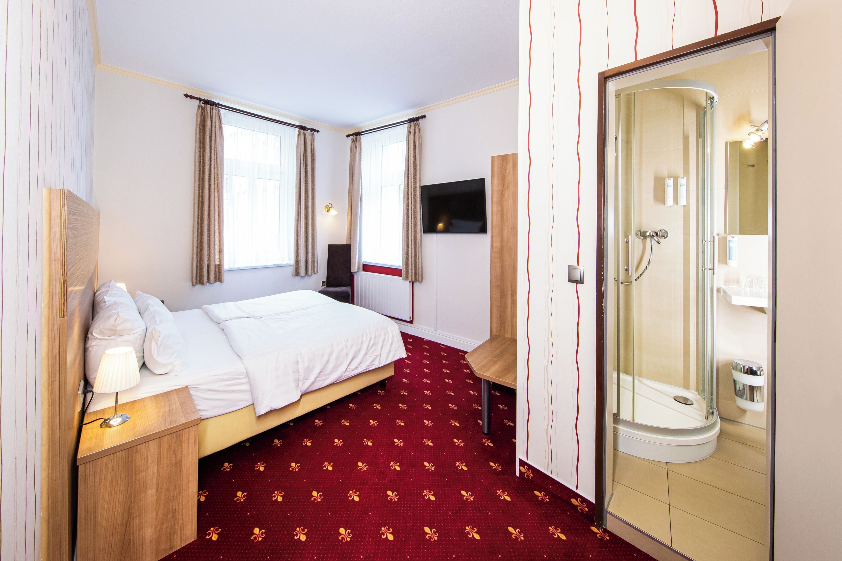 A hotel room with a bed, bedside table, lamp, TV, and a shower area.