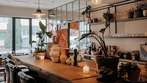 Un espace bar moderne avec un comptoir en bois, des plantes en pot, des bougies et de la verrerie.