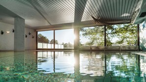 Een groot overdekt zwembad met helder water, een houten plafond en grote ramen met uitzicht op bomen en een verre schutting.