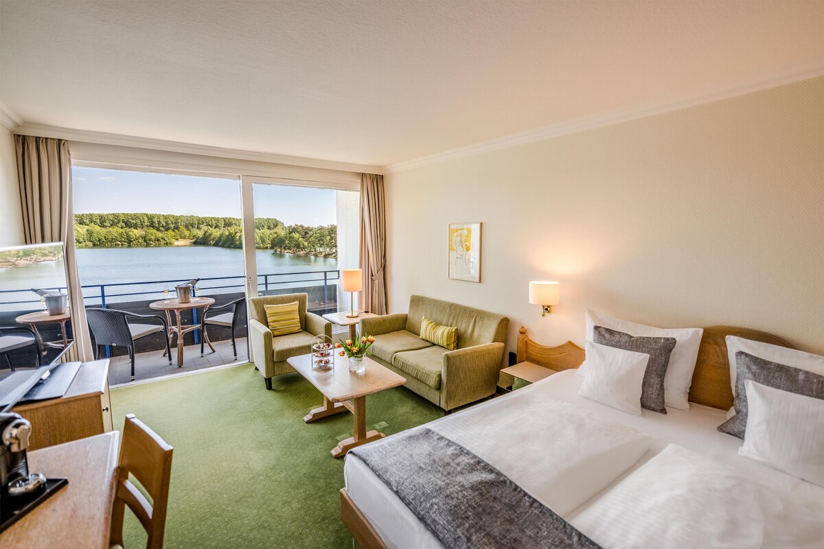 Standaard kamer, 1 tweepersoonsbed, balkon, uitzicht op meer | Een minibar, een kluis op de kamer, een laptopwerkplek