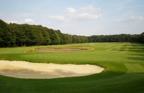 A golf course with sand bunkers, a putting green, and a forested area in the background.