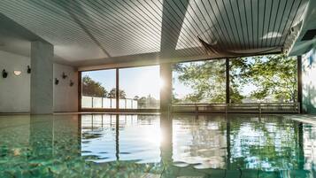 An indoor swimming pool with clear water, large windows, and a wooden ceiling.