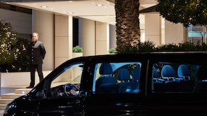 A Galaxy Hotel entrance with a modern design, a palm tree, and a car interior visible through the window. - Galaxy Hotel Iraklio (Heraklion)