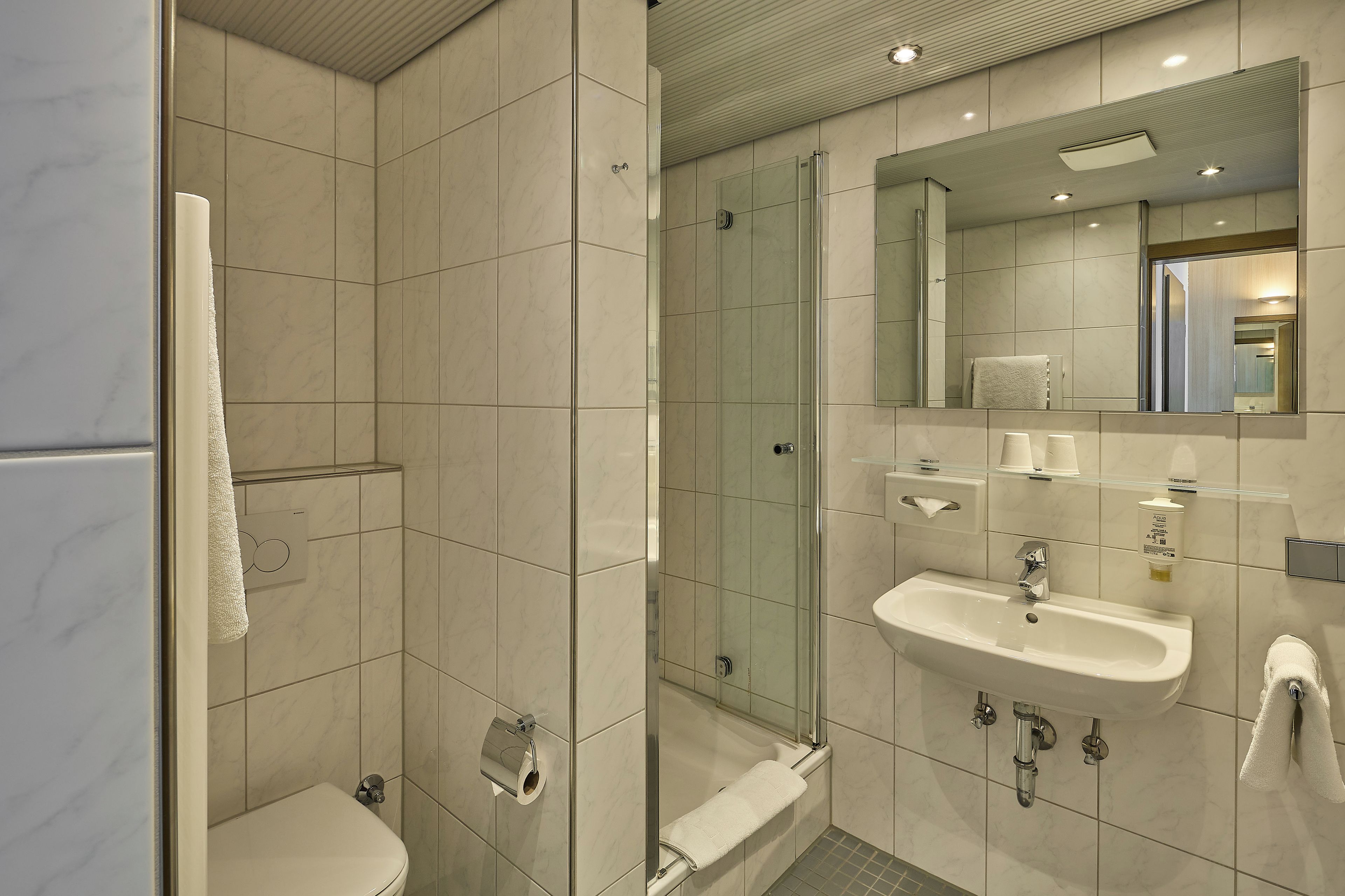 Ein modernes Badezimmer mit Duschkabine aus Glas, Toilette, Waschbecken und Spiegel.