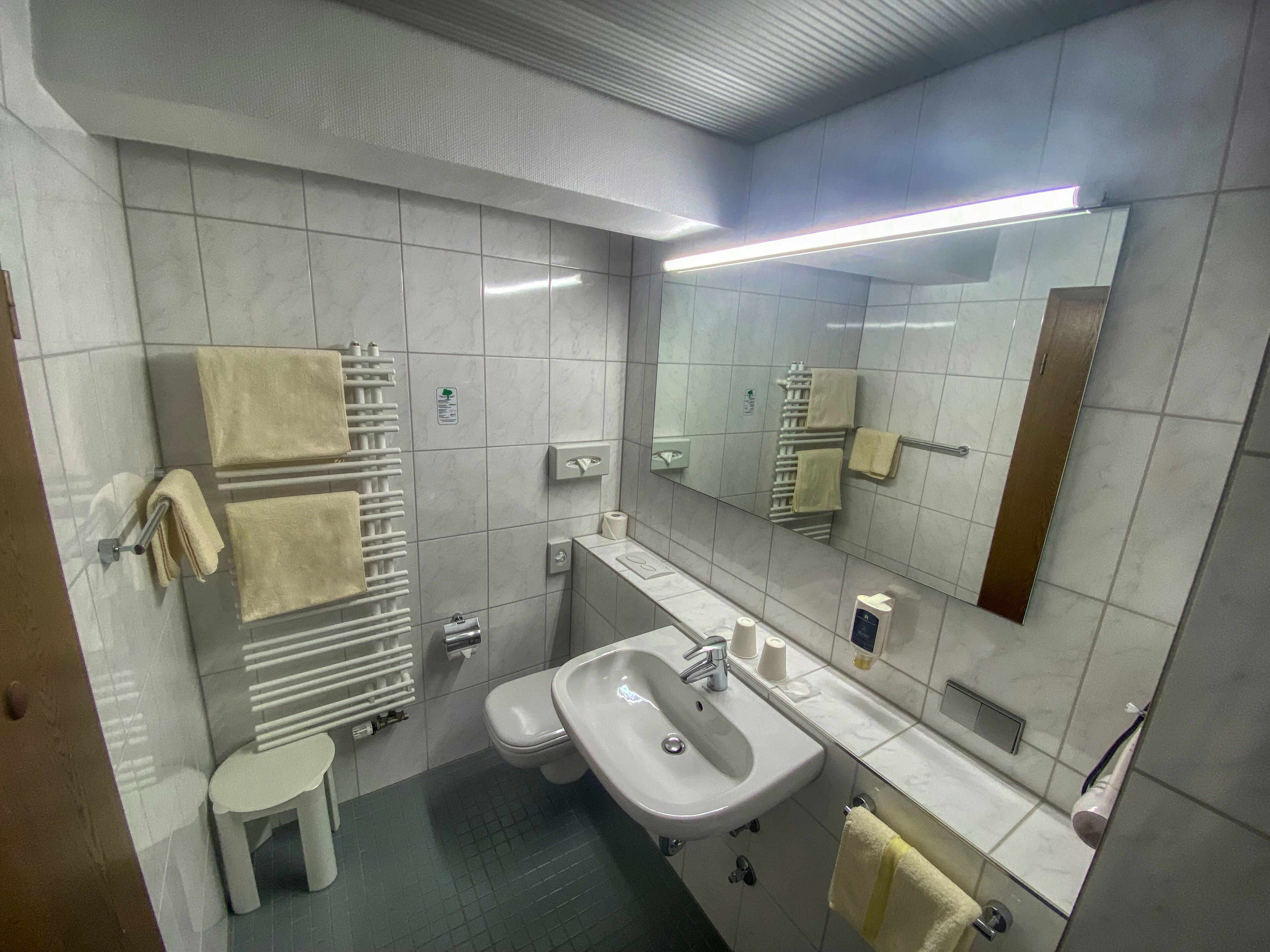 Ein modernes Badezimmer mit Waschbecken, Toilette und Handtuchhalter.