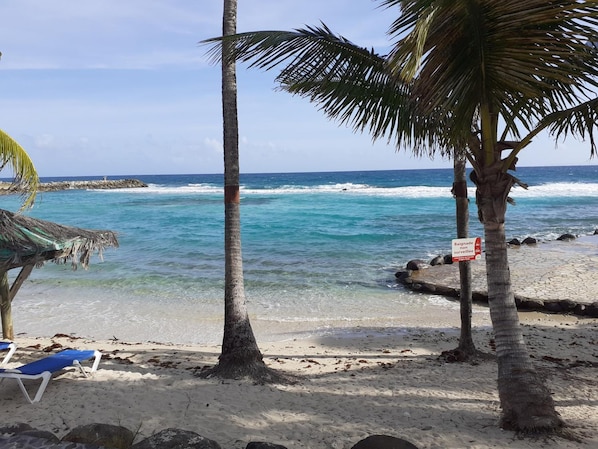 Plage, sable blanc, chaises longues, bar de plage