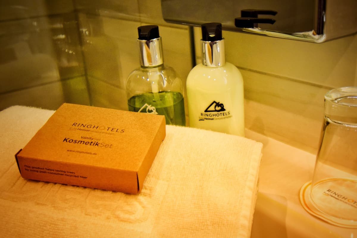 free toiletries, hair dryer, towels