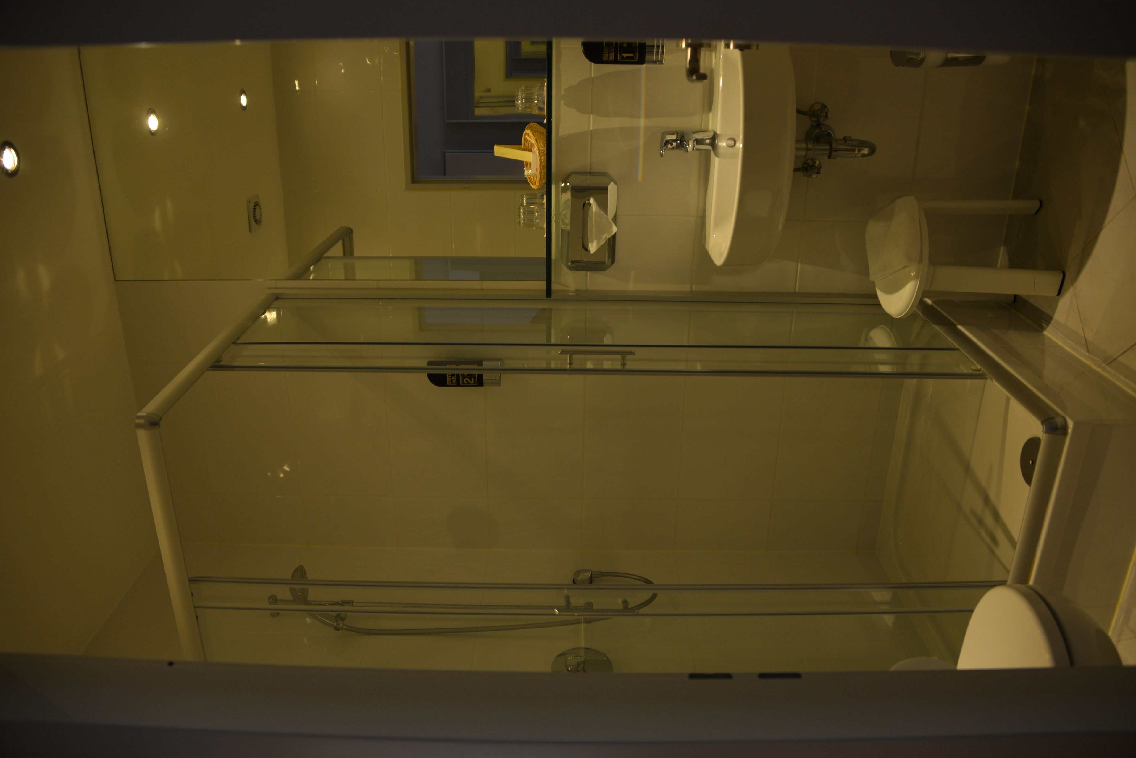 Un baño moderno con ducha acristalada, lavabo e inodoro.