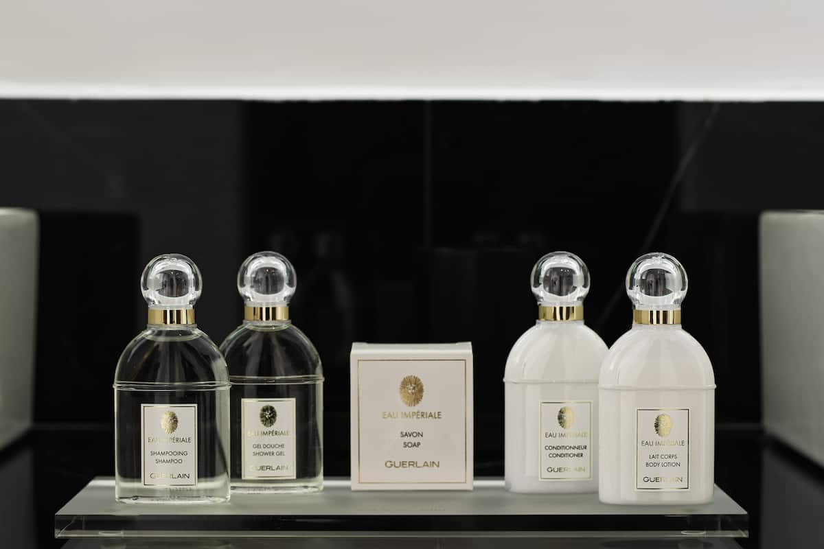 shower, designer toiletries, hair dryer, bathrobes