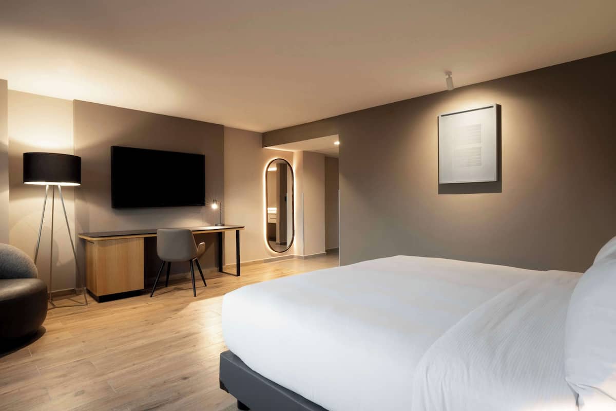 Habitación de hotel moderna con una cama grande, un escritorio con silla, un televisor de pantalla plana, un espejo y un cuadro en la pared.