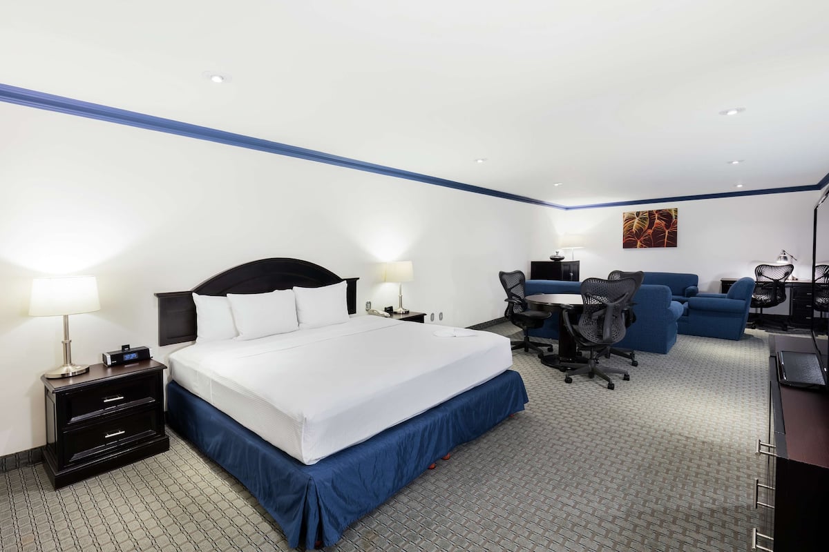 Una habitación de hotel con cama, escritorio, silla y una mesita de noche con lámpara.