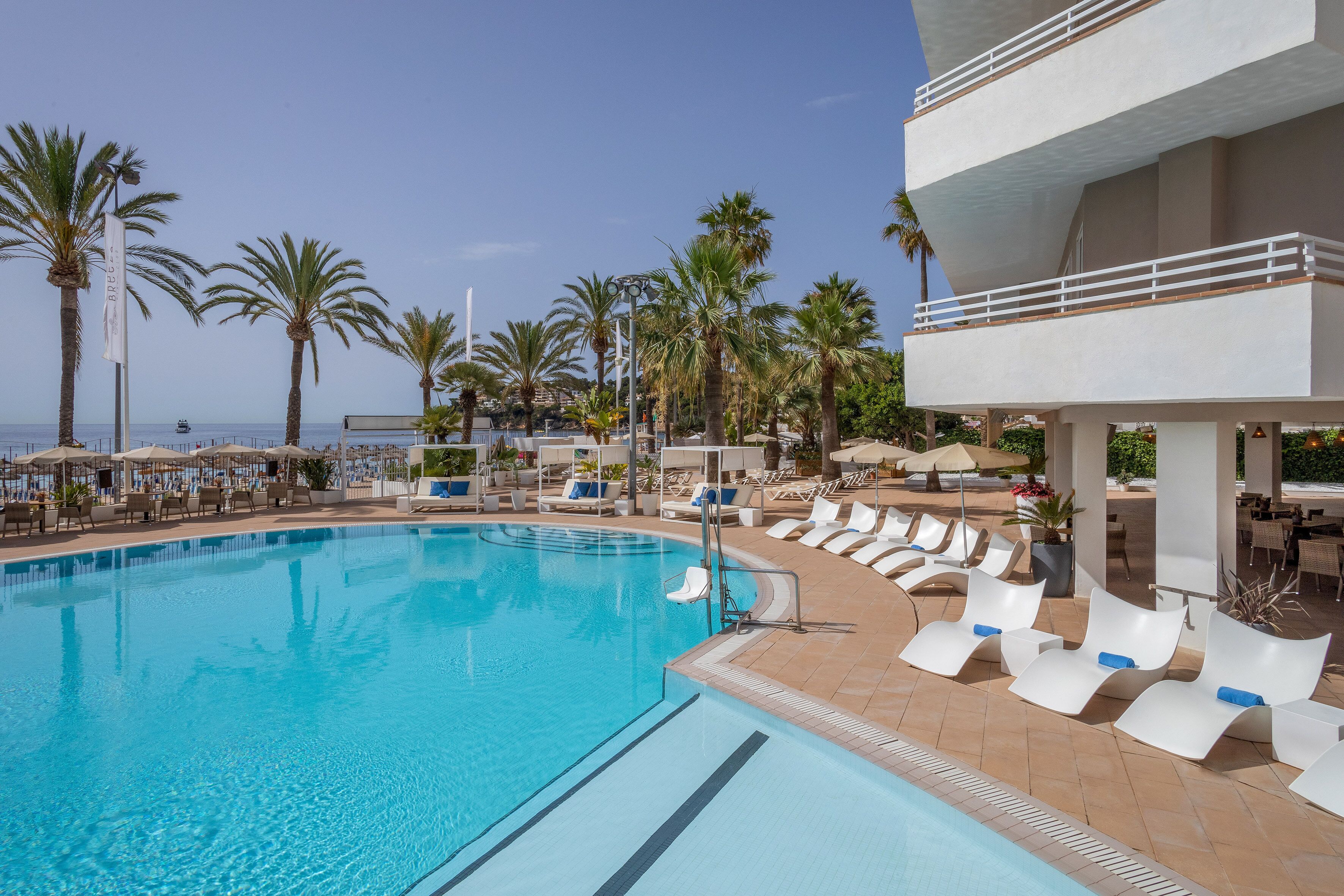 A pool area with lounge chairs and umbrellas, palm trees, and a view of the sea.