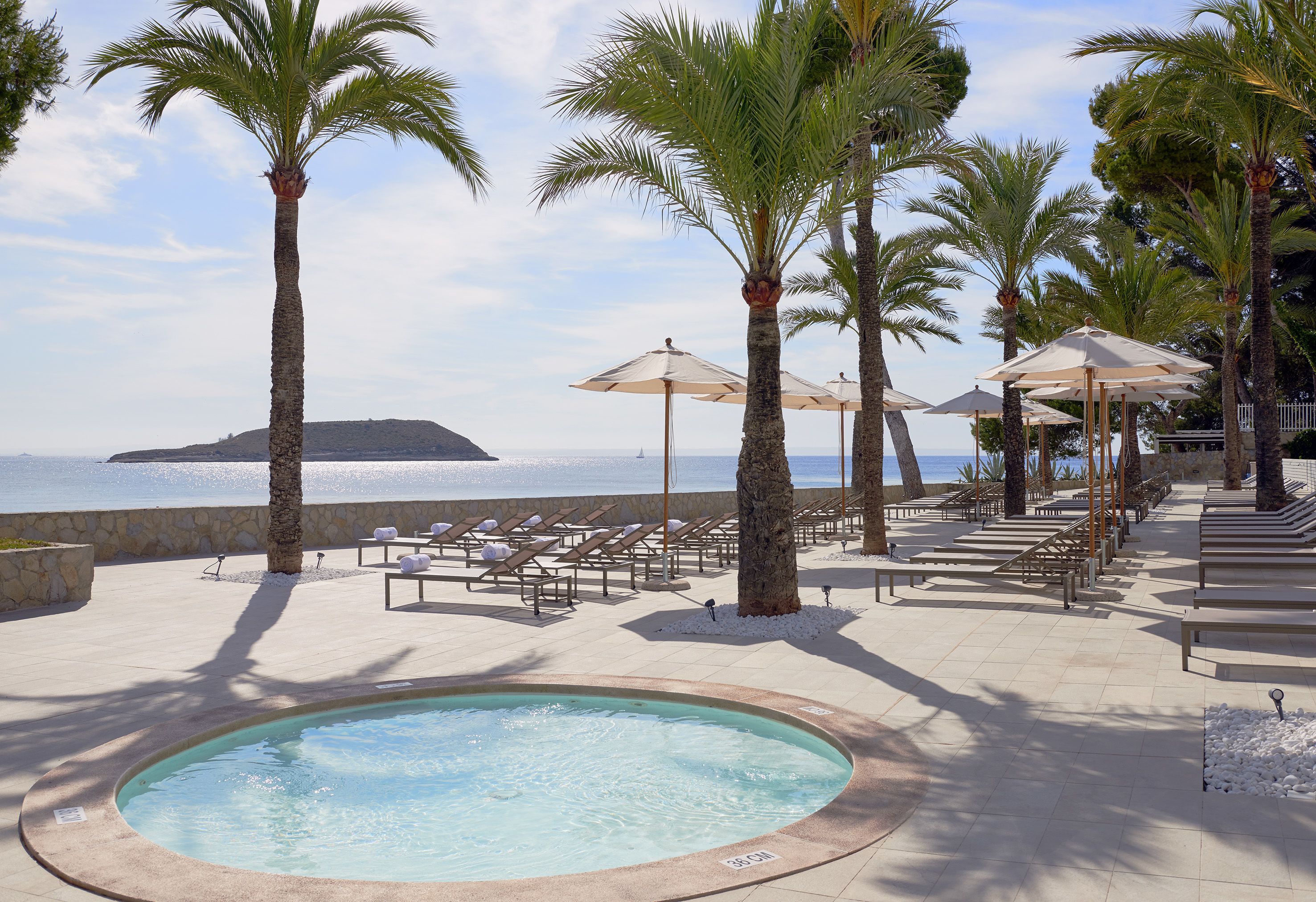Zona de piscina con sillas de descanso y sombrillas, palmeras y vista al mar.