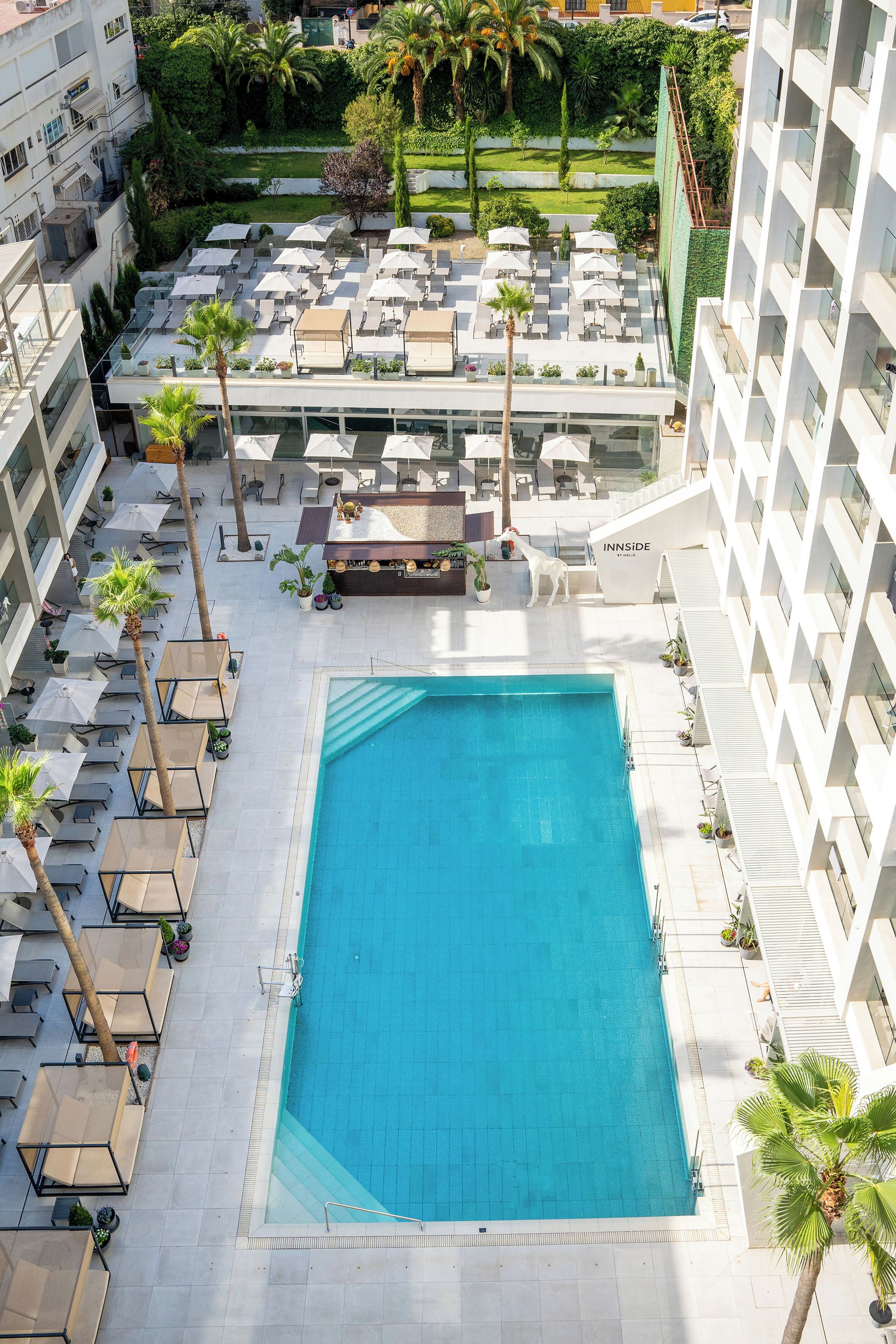 Un espace piscine aménagé sur le toit, avec des chaises longues et des parasols, entouré de palmiers et d’un jardin paysager.