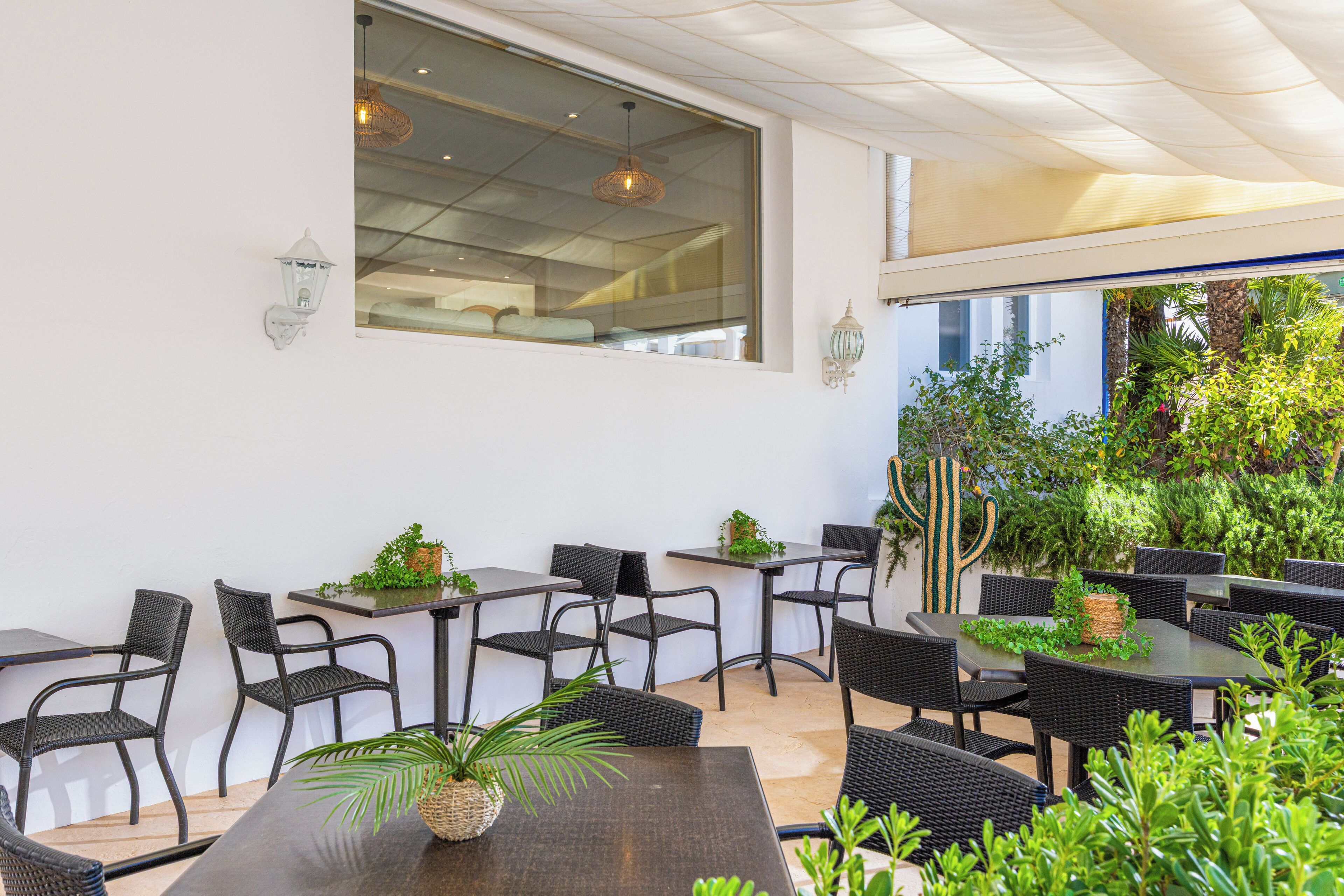 An outdoor seating area with tables and chairs, surrounded by greenery and a large window.