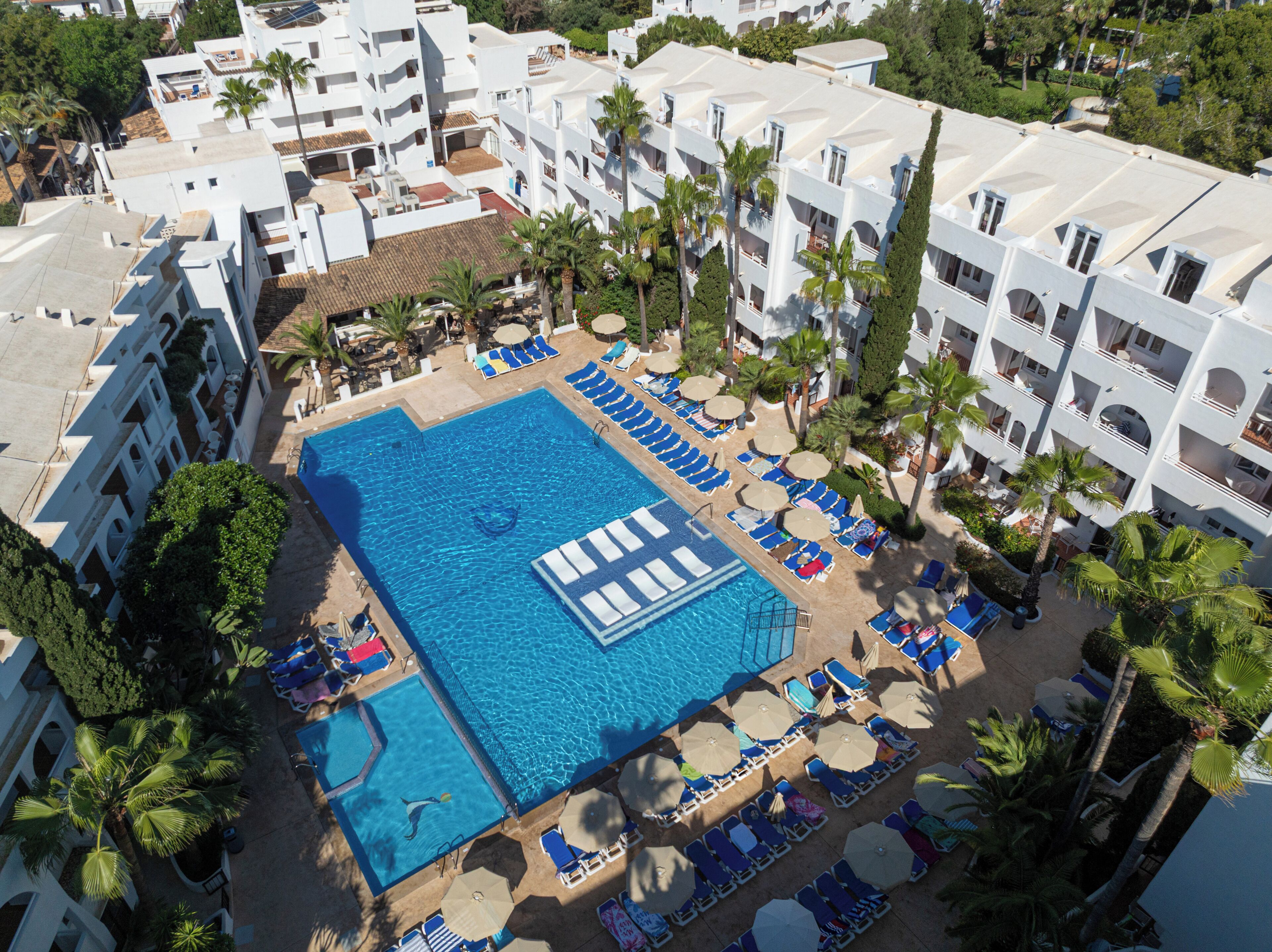 Une piscine sur le toit, dotée de chaises longues et de parasols, entourée de palmiers et d’un bâtiment blanc avec des balcons.