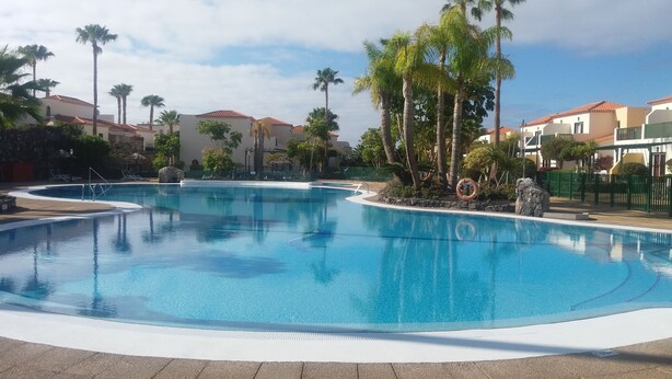 A large, clear swimming pool surrounded by palm trees and buildings with red-tiled roofs.