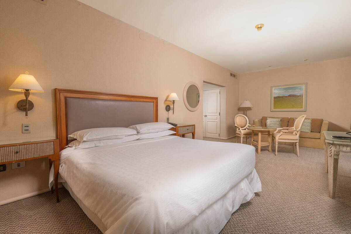 Une chambre d’hôtel avec un grand lit, un bureau, une chaise et une petite table.