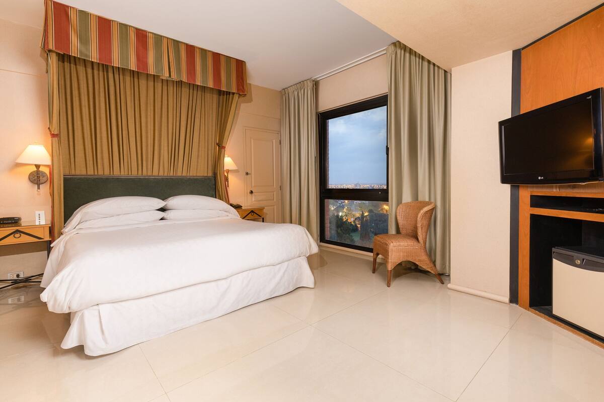 Une chambre d’hôtel avec un grand lit, une télévision, une chaise et une fenêtre donnant sur la ville.