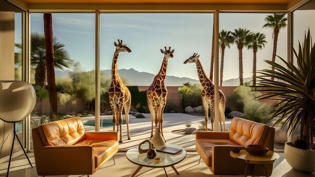 A modern living room with leather sofas, a glass coffee table, and a view of palm trees and mountains through large windows. - Lumière Boutiquehotel im Fürstenhof Leipzig (Leipzig)