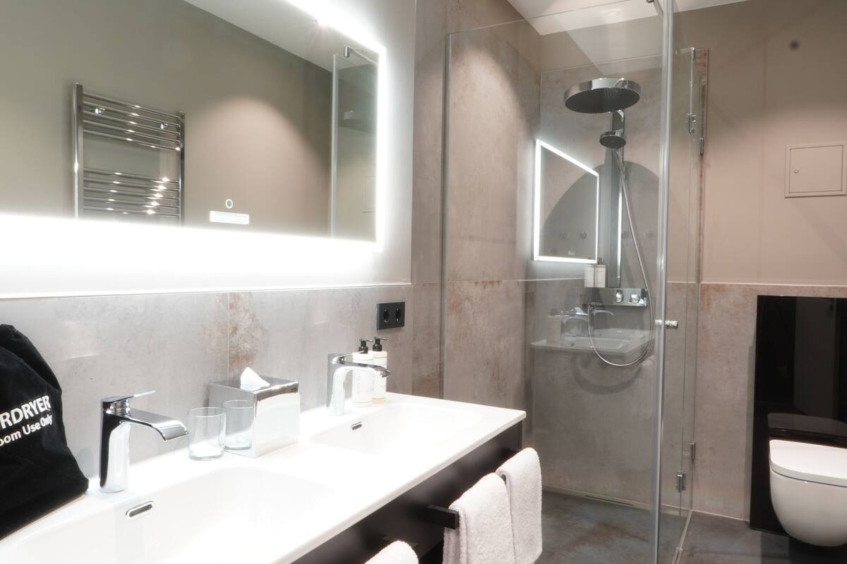 free toiletries, hair dryer, towels, soap