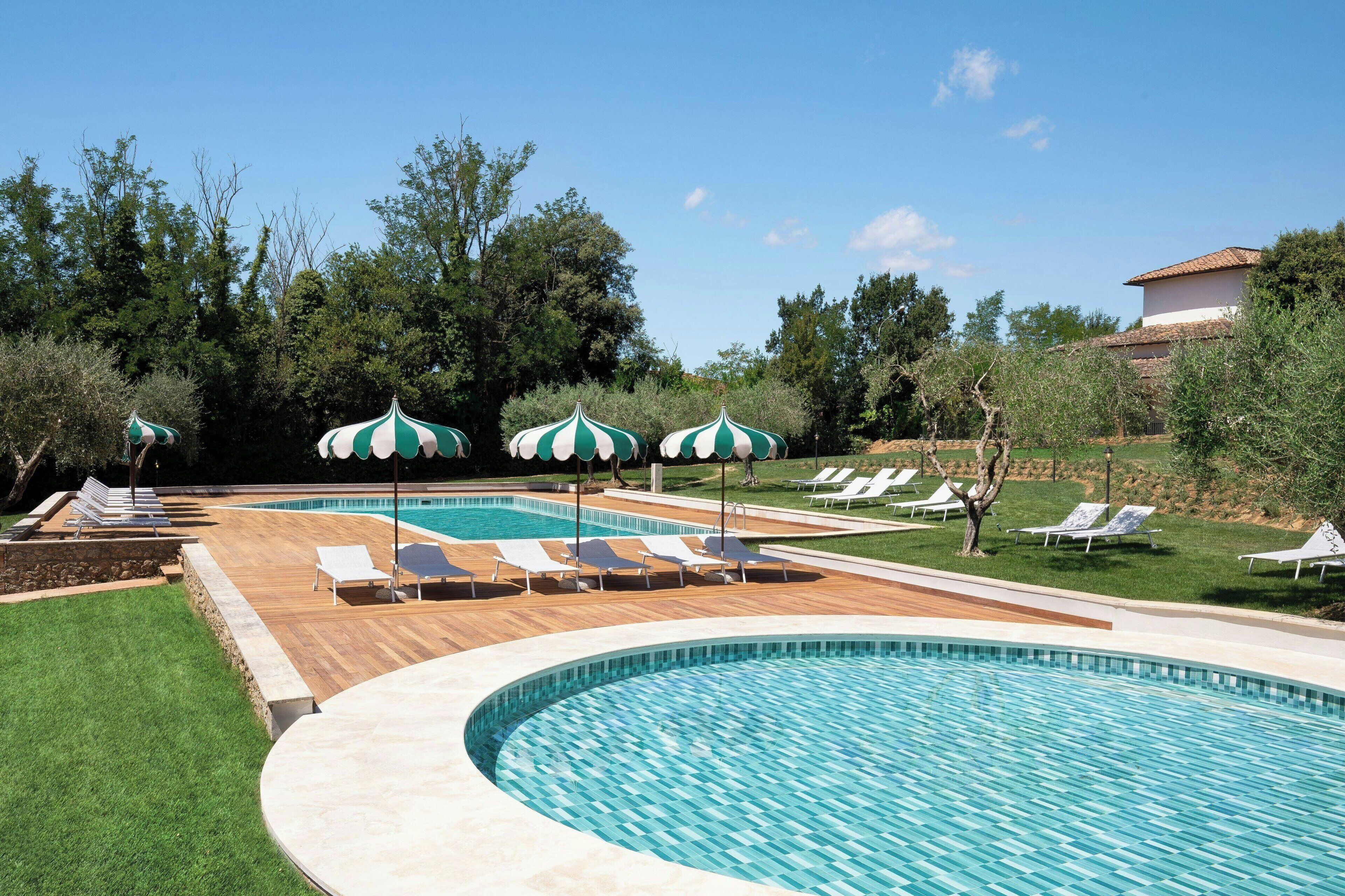 seasonal outdoor pool, pool umbrellas, pool loungers