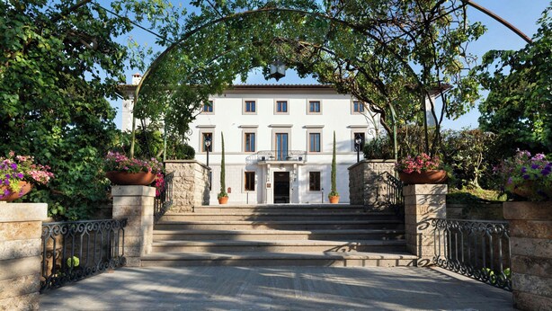A grand entrance with a staircase leading to a white building, surrounded by lush greenery and potted plants.