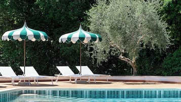 Seasonal outdoor pool, pool umbrellas, pool loungers