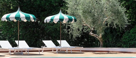 Seasonal outdoor pool, pool umbrellas, sun loungers