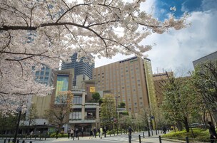 A hotel with a modern design, surrounded by urban buildings and cherry blossoms.