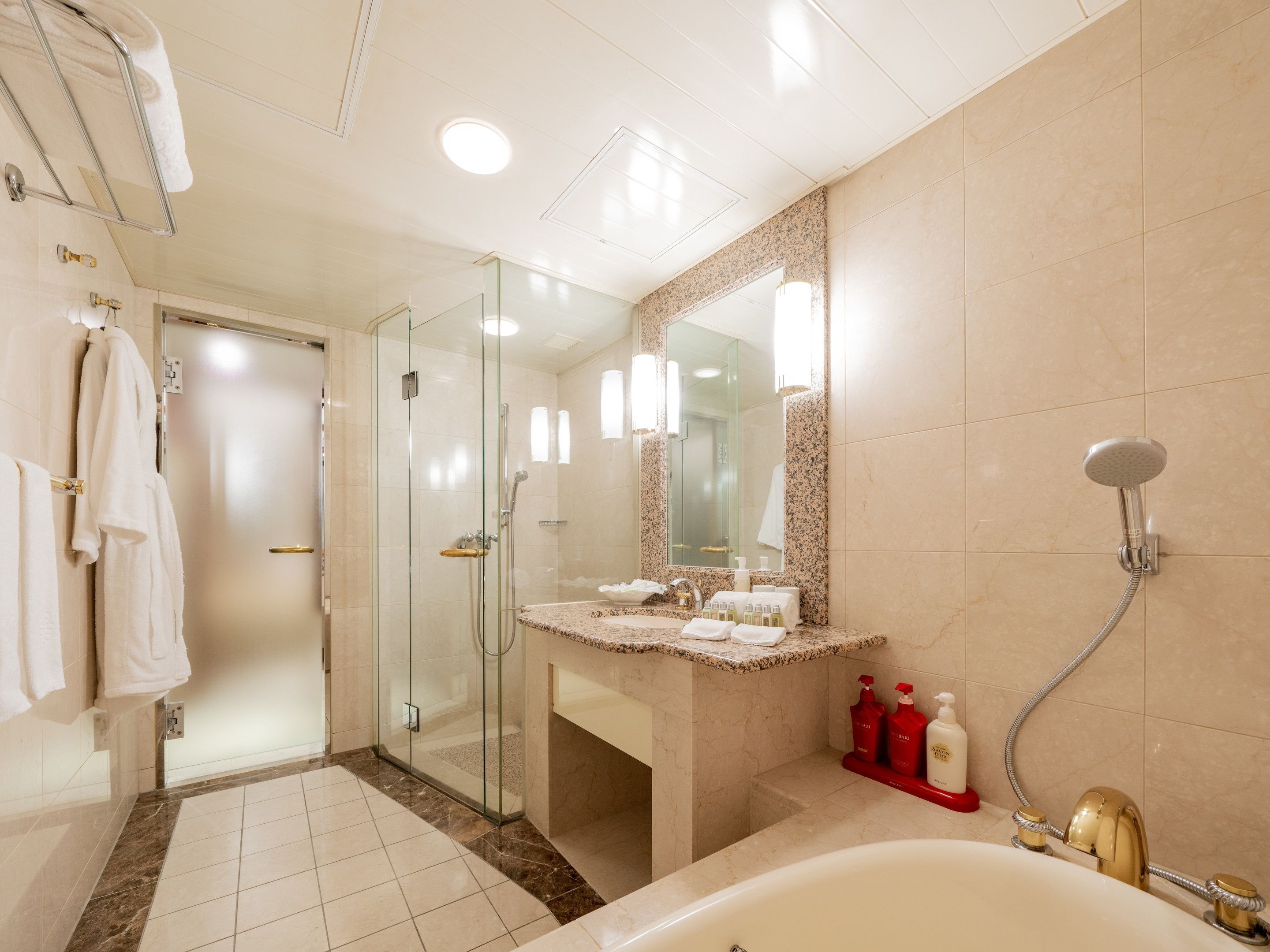 combined shower/bathtub, hair dryer, slippers, bidet