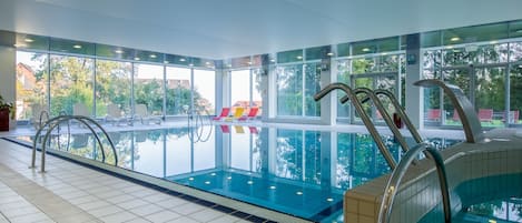 Indoor pool, open 8:00 AM to 9:00 PM, sun loungers