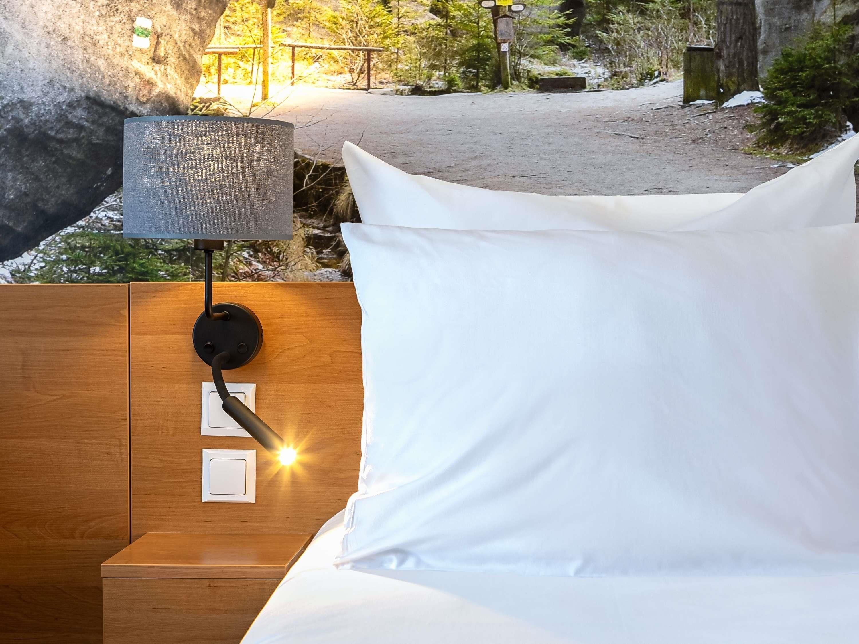 A bed with white bedding, a nightstand, a wall-mounted lamp, and a view of a natural outdoor area.