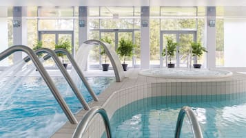 Indoor pool, open 8:00 AM to 9:00 PM, sun loungers