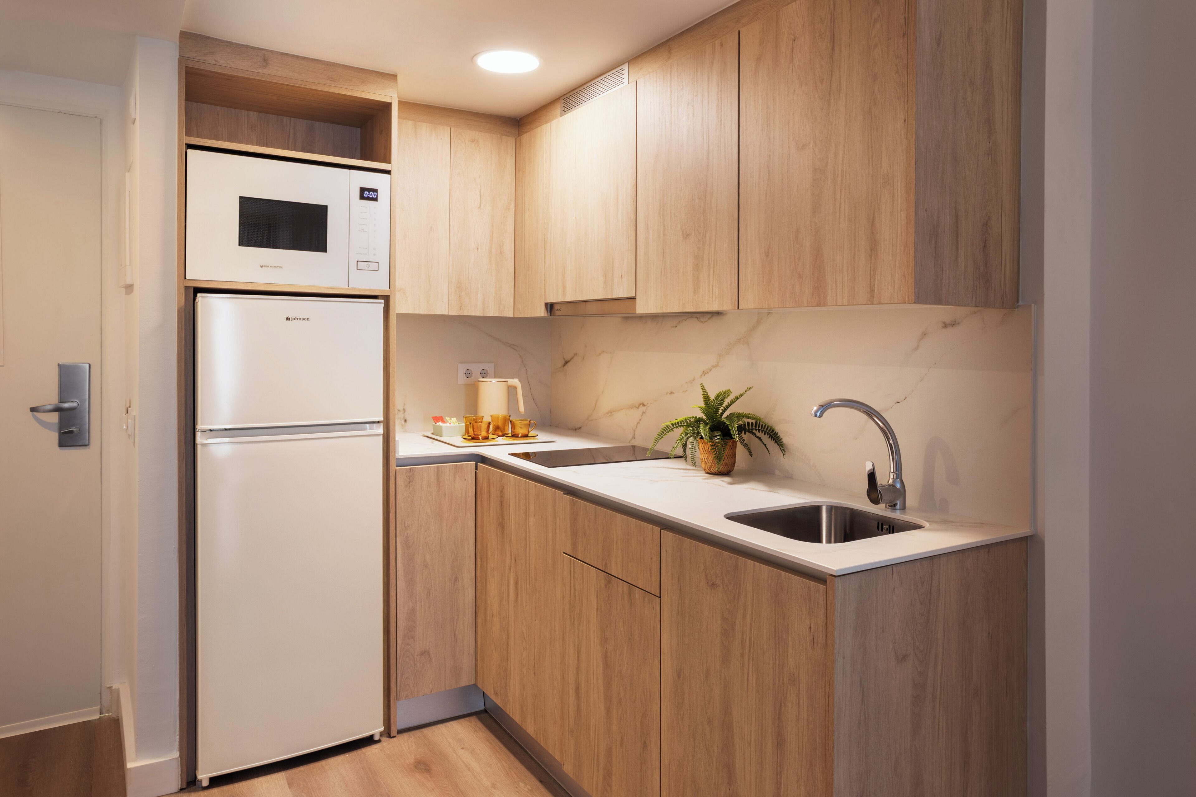 A compact kitchen with wooden cabinets, a built-in microwave, a stainless steel sink, and a potted plant.